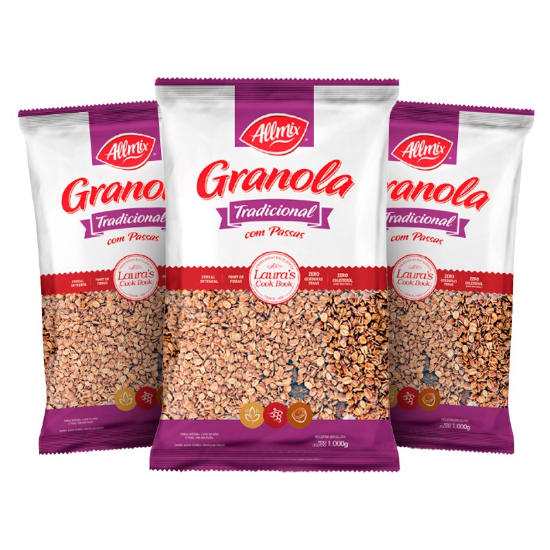 Kit Com 3 Granola Tradicional Com Passas 1kg Allmix | Shopee Brasil