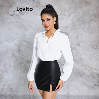 Lovito Blusa com Babados Cortados No Estilo Repolho e Tecido Liso para Mulheres LBE02086 (Branco)