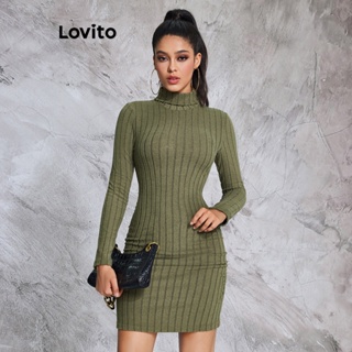 Lovito Vestido com Ruched de Alta Elasticidade e Algodão para Mulheres LBE02016 (Verde Oliva)