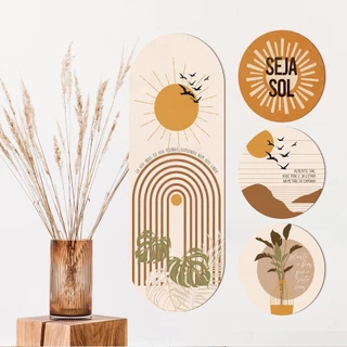 Kit Com 4 Quadros Decorativos - Estilo Boho Pintura Orgânica 19,5 x 19,5 / 21,5 x 59cm