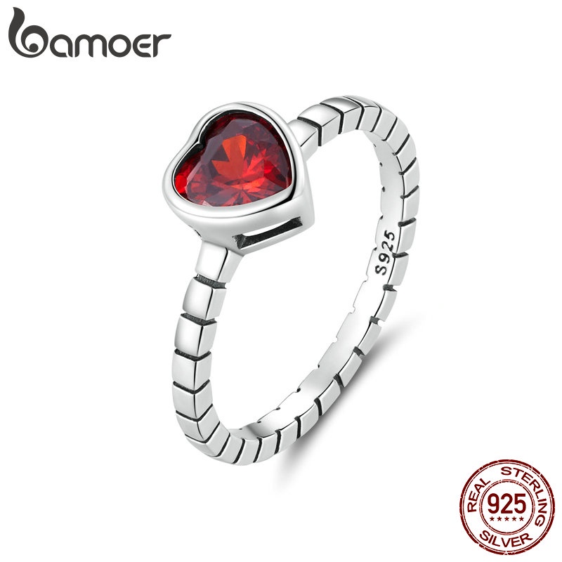 Bamoer 925 Silver Sterling Burgundy Vintage Heart Ring Presente De Aniversário Para Mulheres