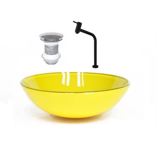 CUBA DE VIDRO REDONDA 31CM AMARELA + VALVULA + TORNEIRA PRETA
