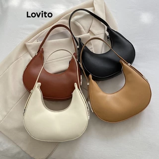 Lovito Bolsa de Ombro Pequena com Zíper de Metal Simples Casual para Mulheres L57AD108 (Caqui/Marrom/Branco/Preto)