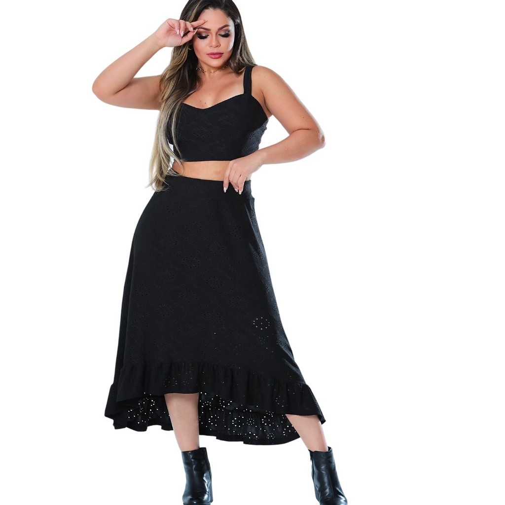 Conjunto Final de De Ano Feminino Saia Longa e Cropped Em tecido Malha Lesse Tecido Furinho Vermelho