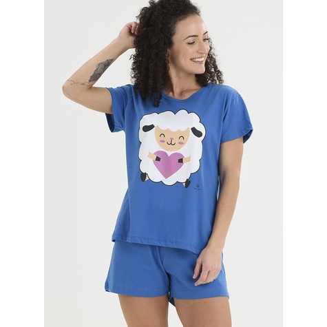 Pijama Verão Feminino De Algodão Ovelhinha Azul