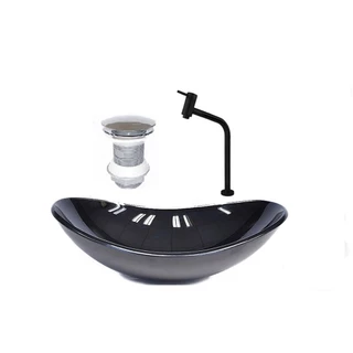 CUBA DE VIDRO OVAL 55CM PRETA VALVULA TORNEIRA PRETA