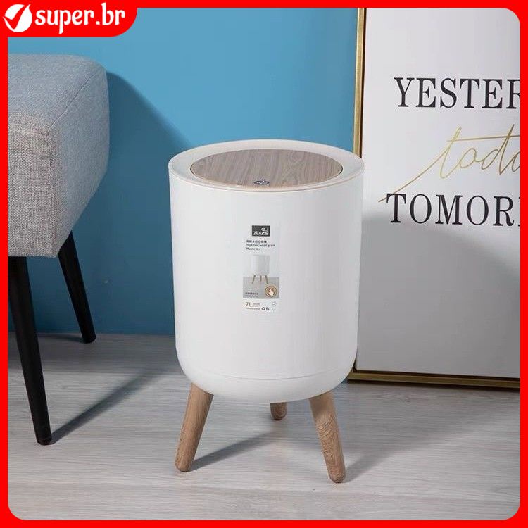 Lata De Lixo De 7l Pé Alto Madeira Com Tampa Cozinha Cesto Sala De Estar Aconchegante Limpo