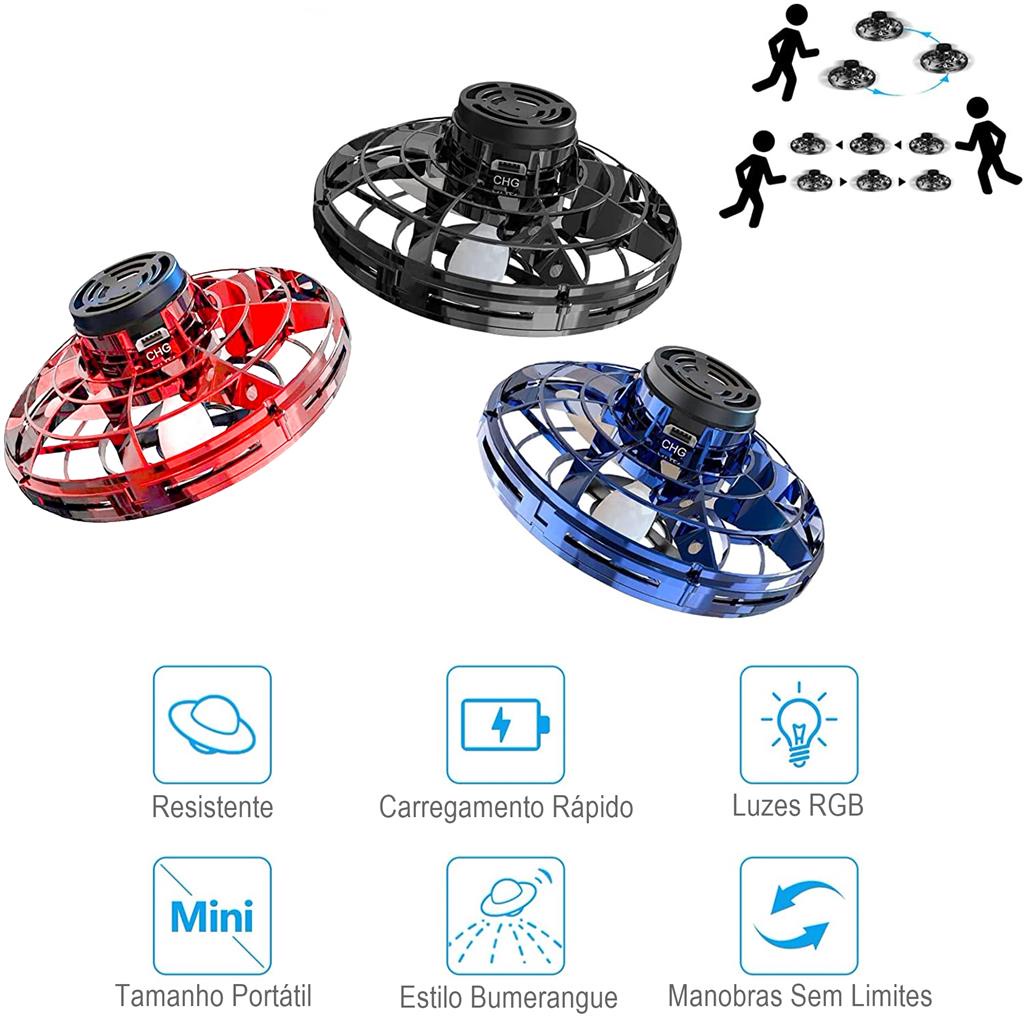 BOLA SPINNER DRONE VOADOR RECARREGÁVEL COM LED CONTROLE REMOTO BOOMERANG 360°  CARREGAMENTO VIA USB - Preto