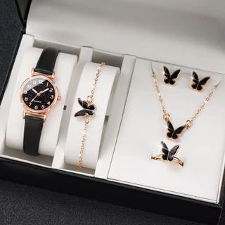 Relógio Feminino Set Round Dial Lear Strap Quartz Wristwatch NO BOX