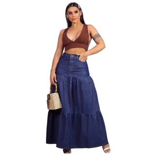Saia Longa Jeans Feminina Evangélica Mid 3 Marias Sem Lycra