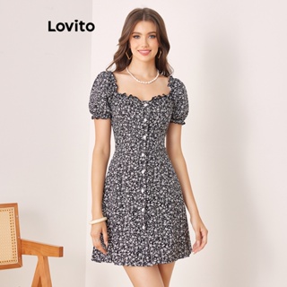 Lovito Vestido Simples com Botões na Frente e Amarração com Estampa Floral Boho Ditsy para Mulheres L56ED119 (Preto e Branco)