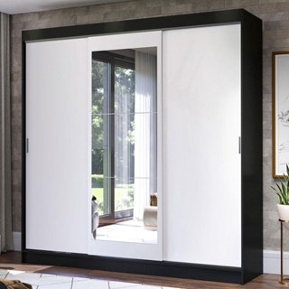 Guarda-Roupa Casal Madesa Istambul 3 Portas de Correr com Espelho 3 Gavetas - Preto/Branco