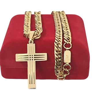 Corrente Masculina 70cm 8mm + Cruz Banhada A Ouro 18k Top