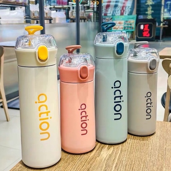 Garrafa Térmica Action Elegante De Aço Inox Com Alça e Canudo De 500ml