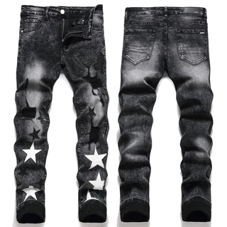 AMI Slim Fit Elástico Preto Bordado De Algodão Masculino Marca De Couro Estrela Quebrada Jeans De Moda