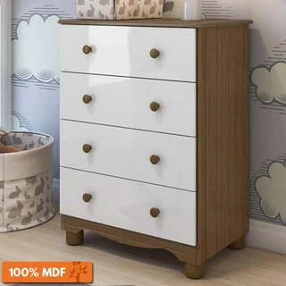 Cômoda Infantil 4 Gavetas 100% Mdf Junior New Móveis Peroba Branco Brilho/Carvalho