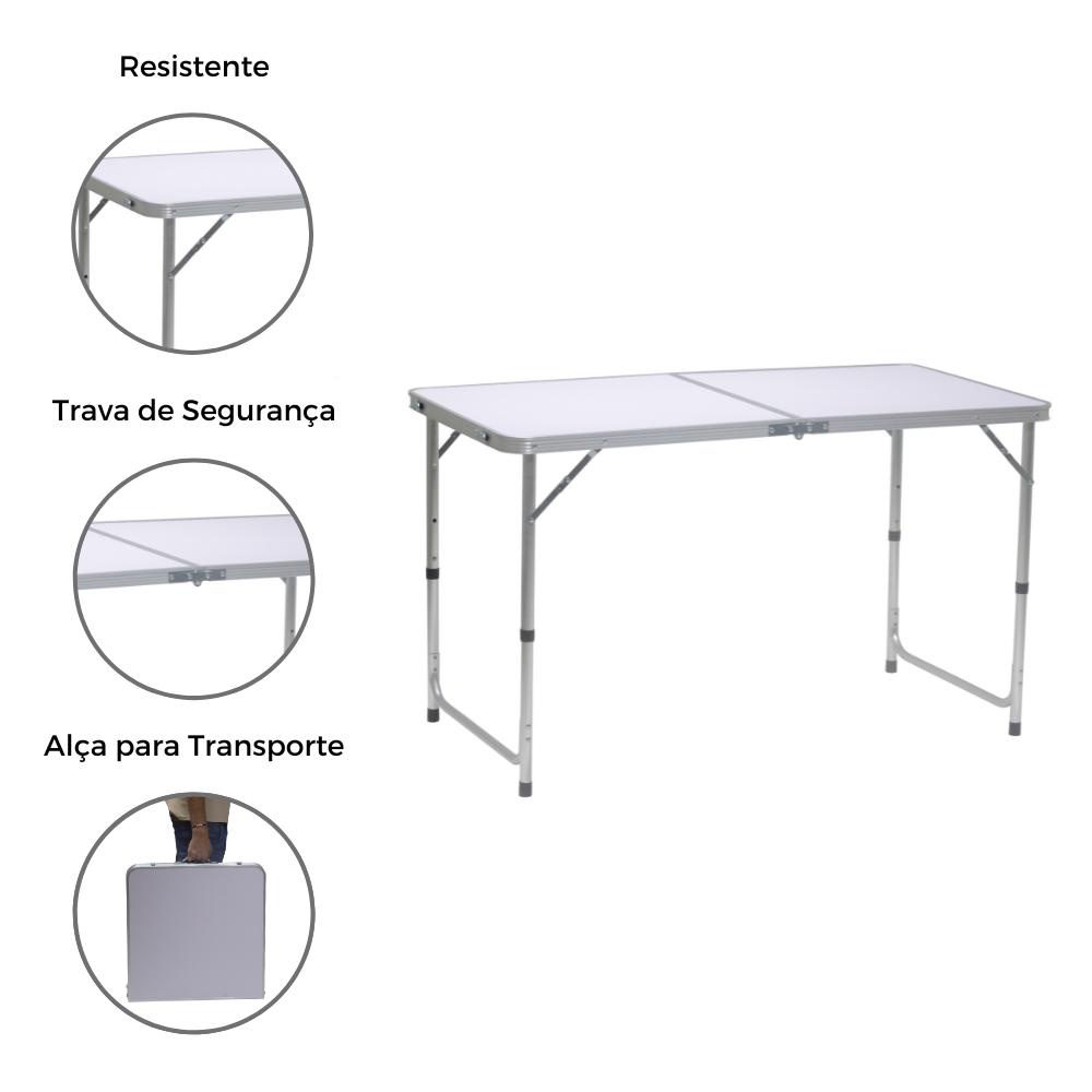 Mesa Dobrável Ajustável Portátil Leve Vira Maleta Com Alça Para Camping Praia Churrasco 120x60cm Branca