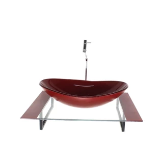 KIT CUBA DE VIDRO OVAL COM TAMPO 60CM VERMELHO CEREJA E SUPORTE PRETO