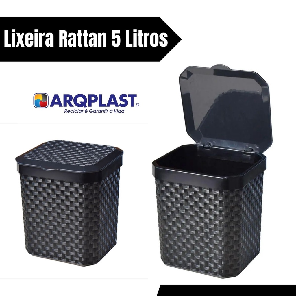 Lixeira Cesto Rattan 5 Litros Preta C Tampa Cozinha Banheiro Lixeira