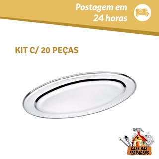 Kit 20 Bandeja Travessa 25cm Aço Inox Porção Oval Batata Salada