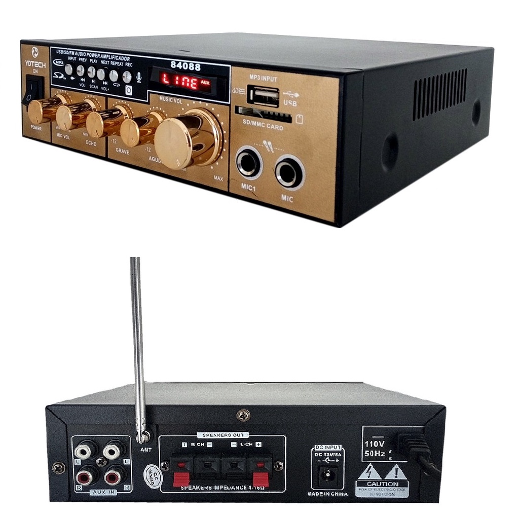 Amplificador de Som Bluetooth USB FM Sd Cardo Com Display LCD 110v/12v com Karaokê Receiver