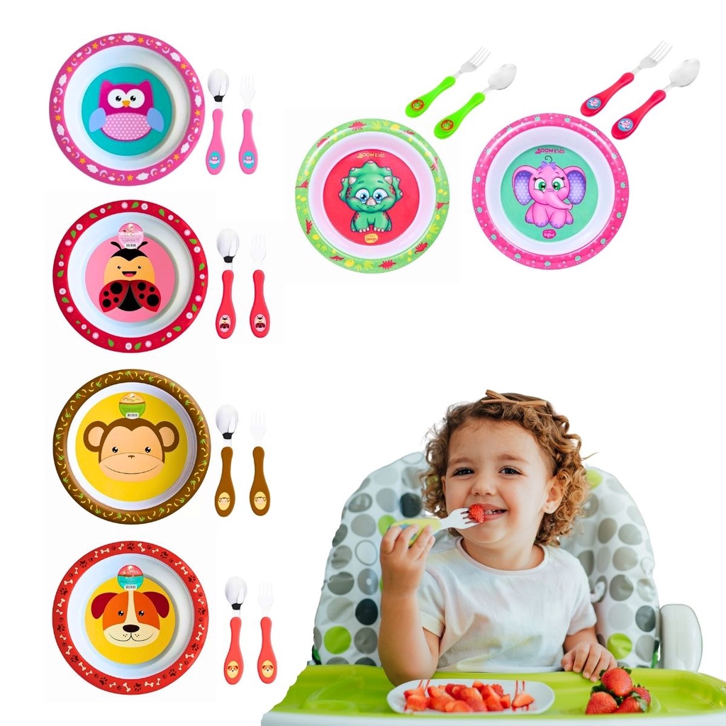 Kit Refeição Infantil Melamina Tigela + Talheres Conjunto Garfo Colher Bowl