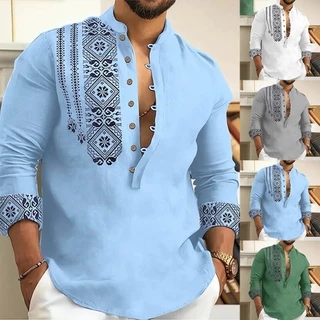 (ONDE) Novo Camiseta masculina de alta qualidade manga longa com botões blusa solta henley decote em V tops de praia