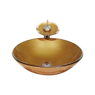 CUBA DE VIDRO REDONDA 31CM DOURADO REAL + VALVULA + TORNEIRA CASCATA