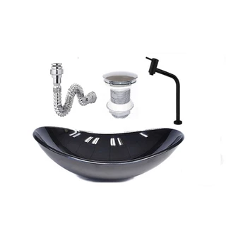 CUBA DE VIDRO OVAL 47CM PRETA + VALVULA + TORNEIRA PRETA + SIFAO