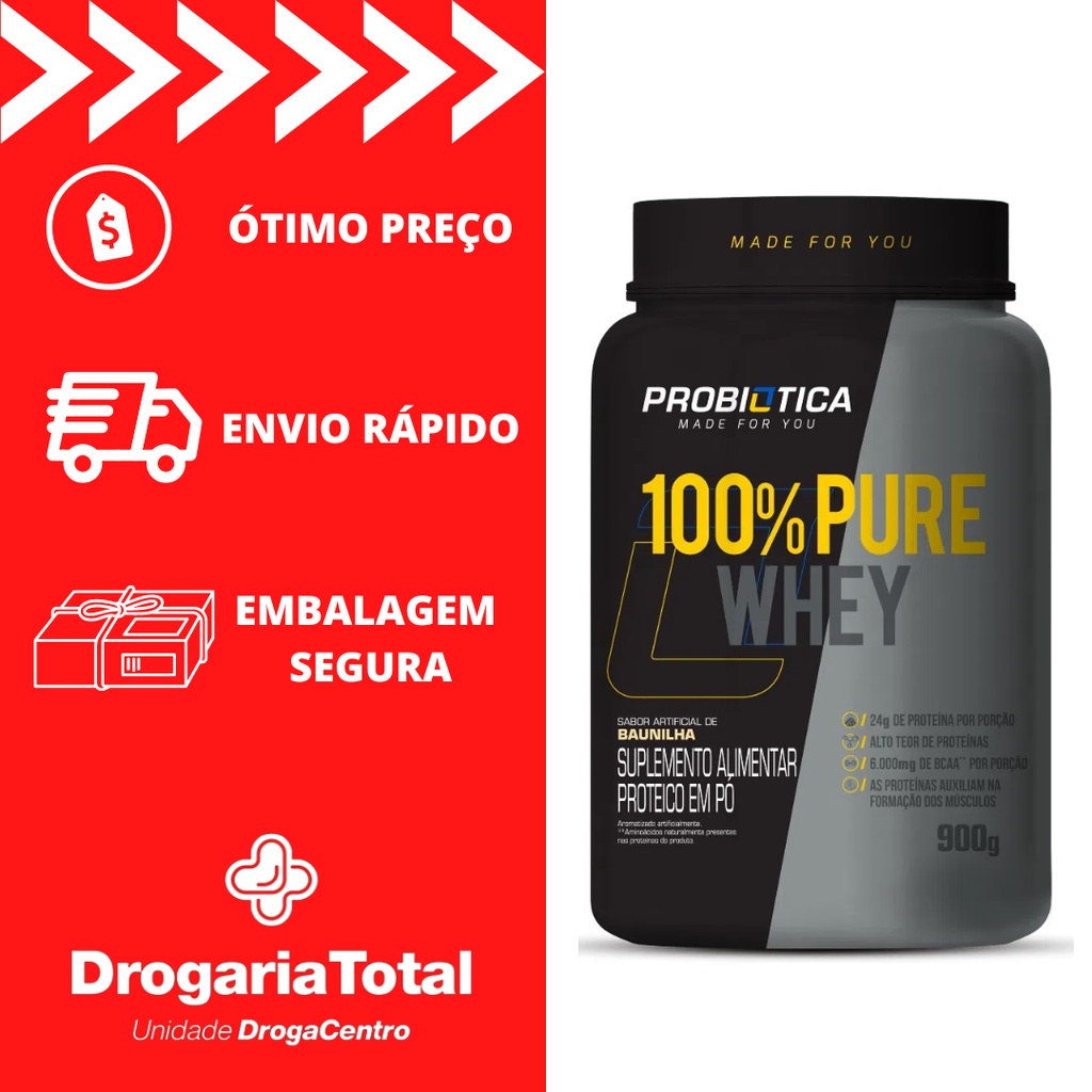 Whey 100% Pure Whey Probiótica Pote 900g Sabor Baunilha Suplemento Alimentar