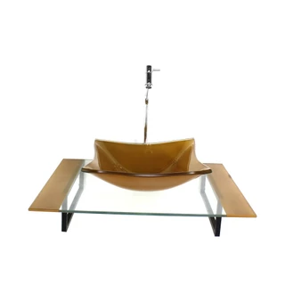 KIT CUBA DE VIDRO QUADRADA COM TAMPO 60CM DOURADO REAL E SUPORTE PRETO