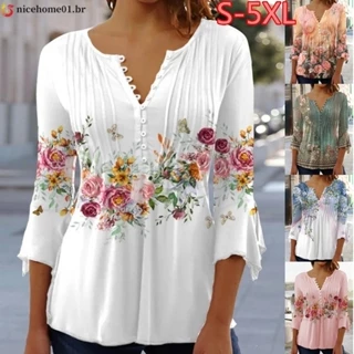 Camiseta Casual De Moda Feminina Tamanho Floral Impresso Meia Manga Em V XS-5XL