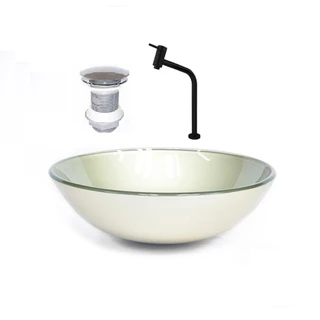 CUBA DE VIDRO REDONDA 31CM CHAMPANHE + VALVULA + TORNEIRA PRETA