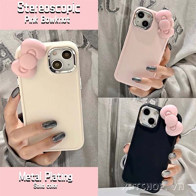 Estereoscópico Nó De Arco Rosa Com Pele De Metal Para Câmera Proteção De Borda Compatível iPhone 15 Pro Max14 13 12 11 Max XR IX Cobertura Total Capa Macia À Prova De Choque