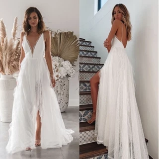 Mulheres Elegante Renda Sem Mangas Sling Noiva Dama De Honra Casamento Maxi Vestido Longo