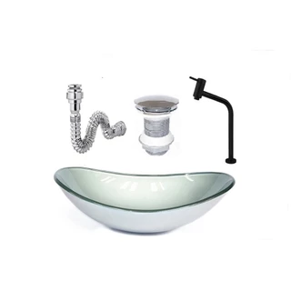 CUBA DE VIDRO OVAL 47CM PRATA + VALVULA + TORNEIRA PRETA + SIFAO