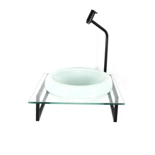 GABINETE COM CUBA DE VIDRO CHAPEU 10MM BRANCA COM TAMPO 40CM INCOLOR MAIS TORNEIRA METAL PRETA