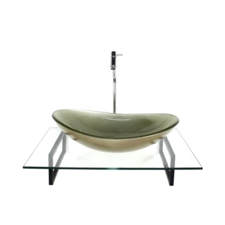 KIT CUBA DE VIDRO OVAL CHAMPANHE COM TAMPO 60CM INCOLOR E SUPORTE TORNEIRA VALVULA