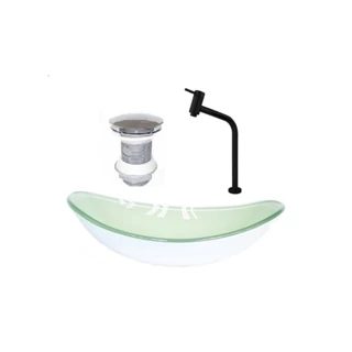 CUBA DE VIDRO OVAL 55CM BRANCA VALVULA TORNEIRA PRETA