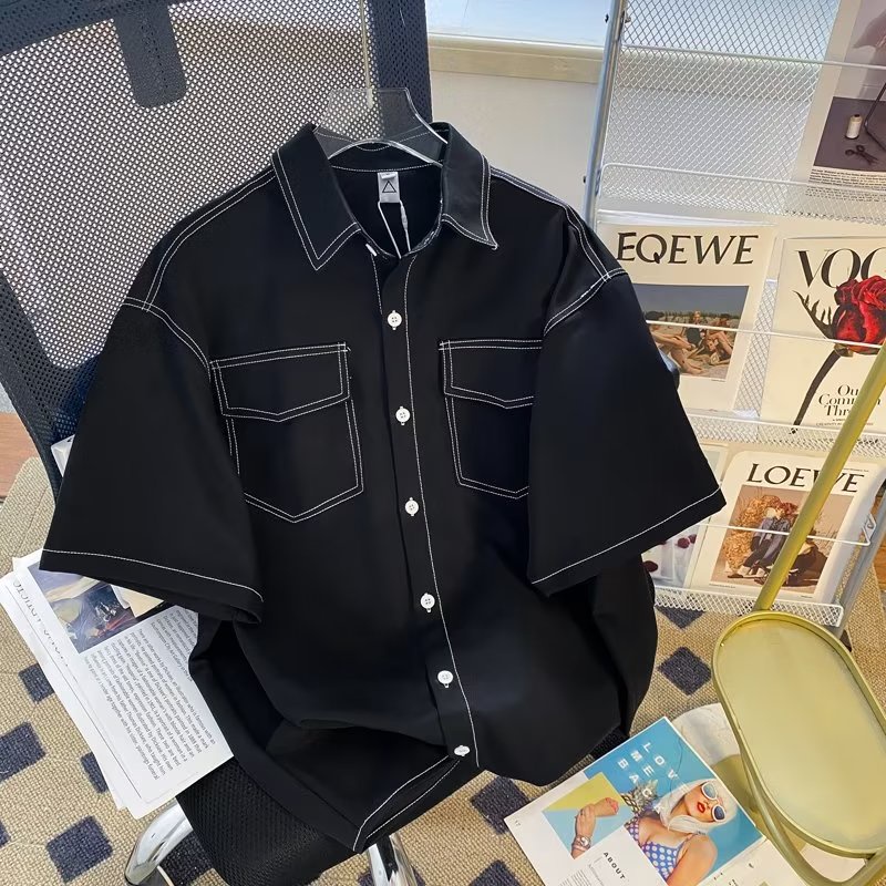 Camisa de Manga Curta Homem de Rua de Manga Curta Puffian Bonitão Casual de Hong Kong Estilo Verão Estilo Fino Nicho