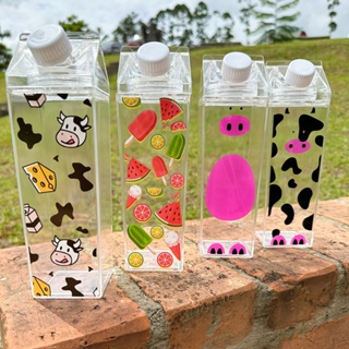 Garrafa Transparente em Formato Caixa Leite Portátil Geladeira 500ml e 1 Litro