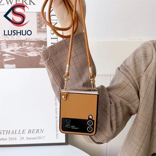 Capa Traseira Em Couro LUSHUO Para Samsung Galaxy Z Flip 3 5G E 4 PU Com Cordão Flip3 ZFlip3 ZFlip 3 Flip4 4