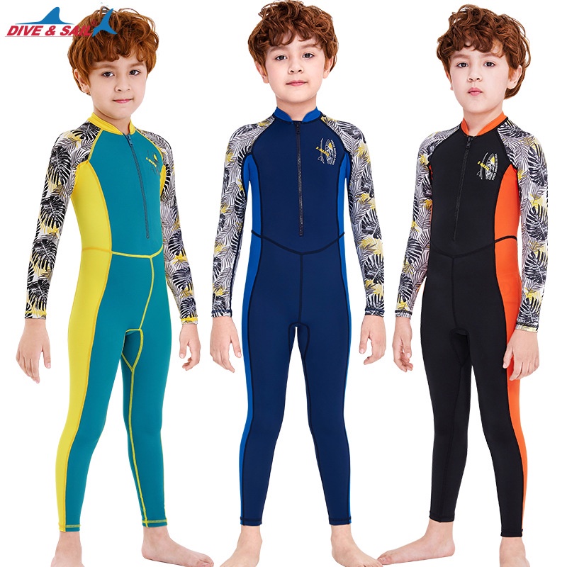Summer New Style Children's Long-Sleeved One-Piece Swimsuit Boys de manga comprida de 3-10 anos de idade Impresso Bonito Fato de Mergulho com protetor solar de manga comprida