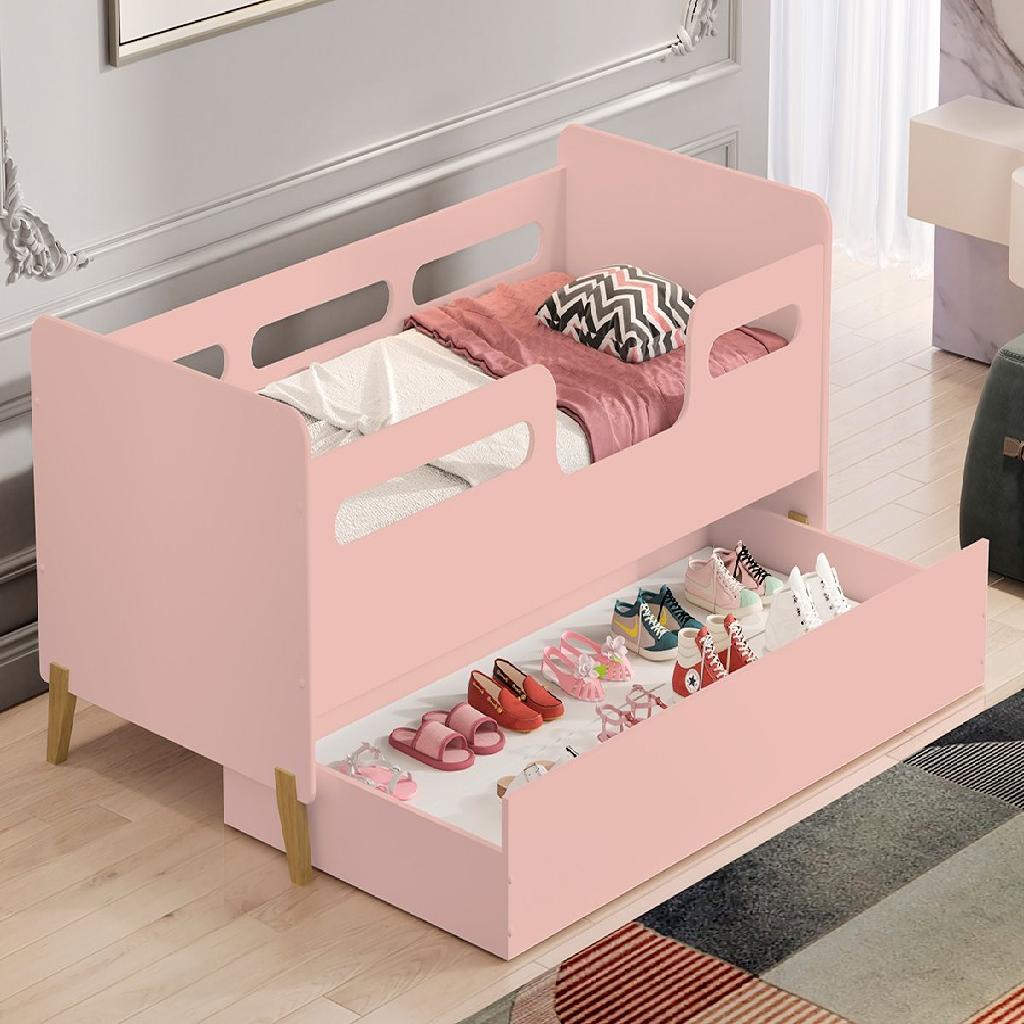 Cama Infantil Cecilia Rosa Com Colchão e Sapateira