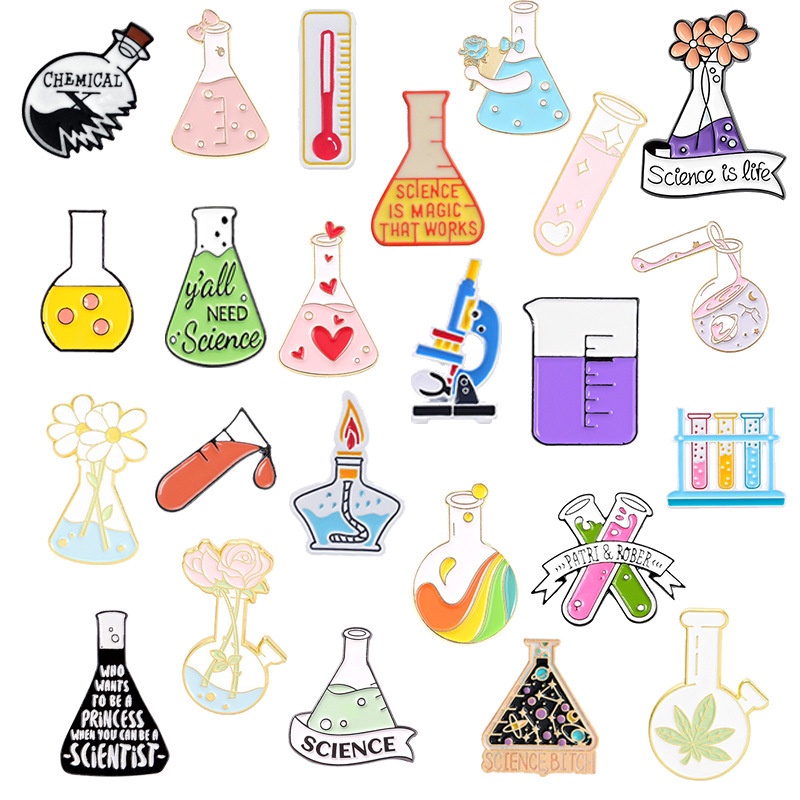 Produtos químicos criativos garrafa química série broche conjunto queimador de álcool microscópio copo carta crachá