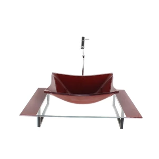 KIT CUBA DE VIDRO QUADRADA COM TAMPO 60CM VERMELHO CEREJA E SUPORTE PRETO