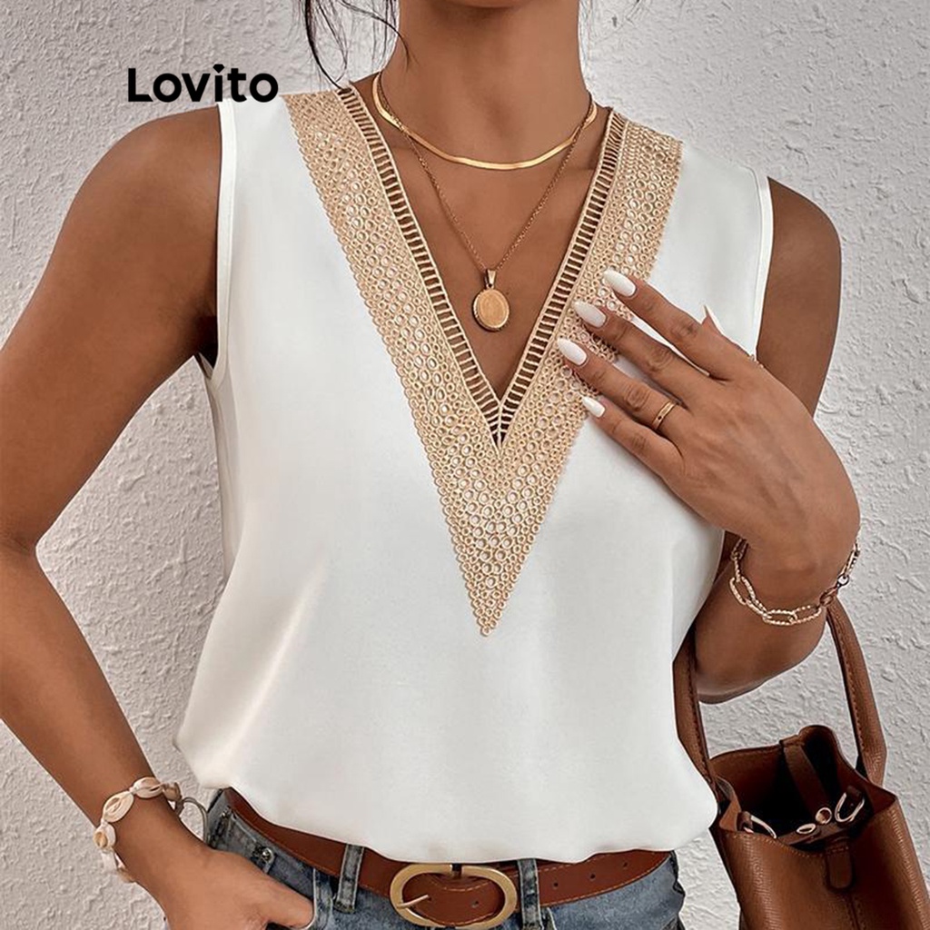 Lovito Regata Elegante Listrada Trançada Para Mulheres LNE15011 (Branco)