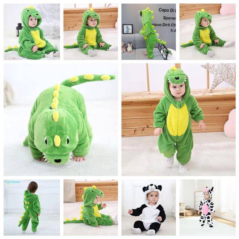 Romper Do Bebê Bonito One Piece Dinossauro Verde Traje Animal Dos Desenhos Animados Meninos Roupas De Inverno Flanela Macacão Macio/Macacão Bebê Plush Branco