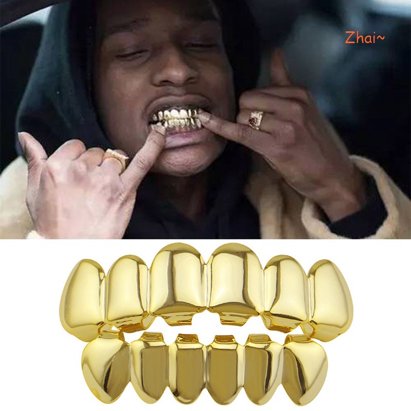 Zhai ~ Hip-Hop Rapper 14K Capas De Boca Com Banho De Ouro Conjunto De Grelhas De Fundo De Dentes Personalizadas