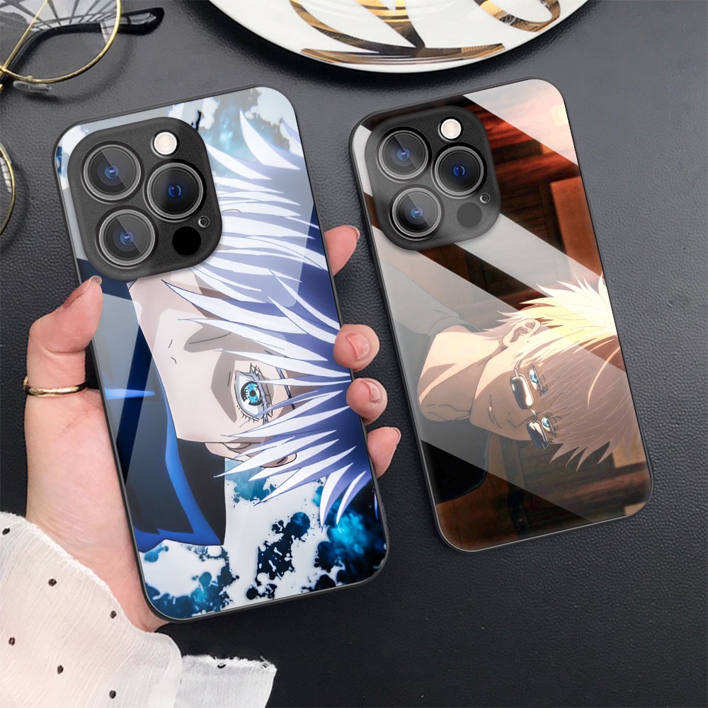 Caixa Dura De Vidro Temperado Compatível Para iPhone 14 Pro Max 13 12 11 XR X Xs 7 8 SE 2022 Anime Jujutsu Kaisen Padrão De Proteção Da Câmera Luxo